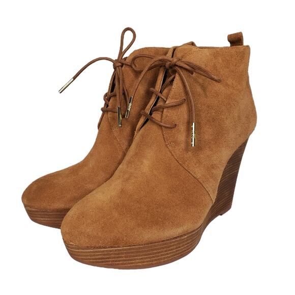 MICHAEL KORS Ankle Boots Womens Size 8M Tan Suede Leather Lace Up Wedge Booties - Picture 1 of 15
